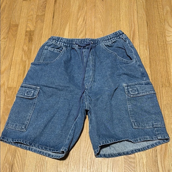 Vintage R&R Blue Cargo Denim Skater Shorts / Jorts with Elastic Waistband - Picture 1 of 9